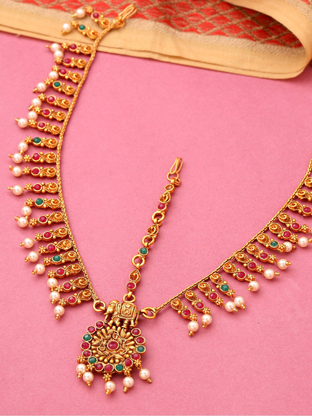 Yellow Chimes Women Gold-Polished,Maroon,Green White Pearl Hanging Bridal Mathapatti | Grocsy