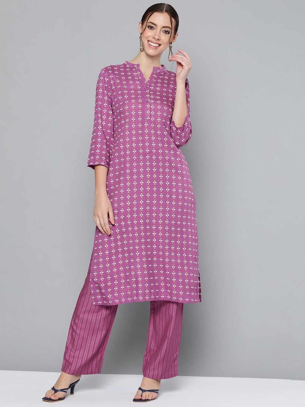 HERE&NOW Women Purple Printed Regular Kurta with Palazzos | Grocsy