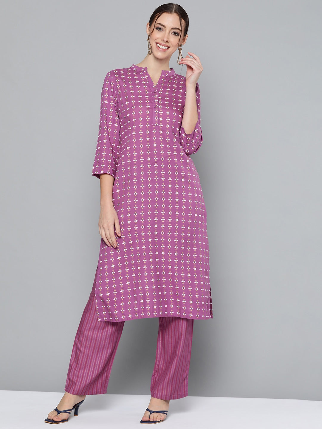 HERE&NOW Women Purple Printed Regular Kurta with Palazzos | Grocsy
