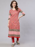 Aks Pink Floral Printed Mandarin Collar Regular Pure Cotton Kurta With Trousers | Grocsy