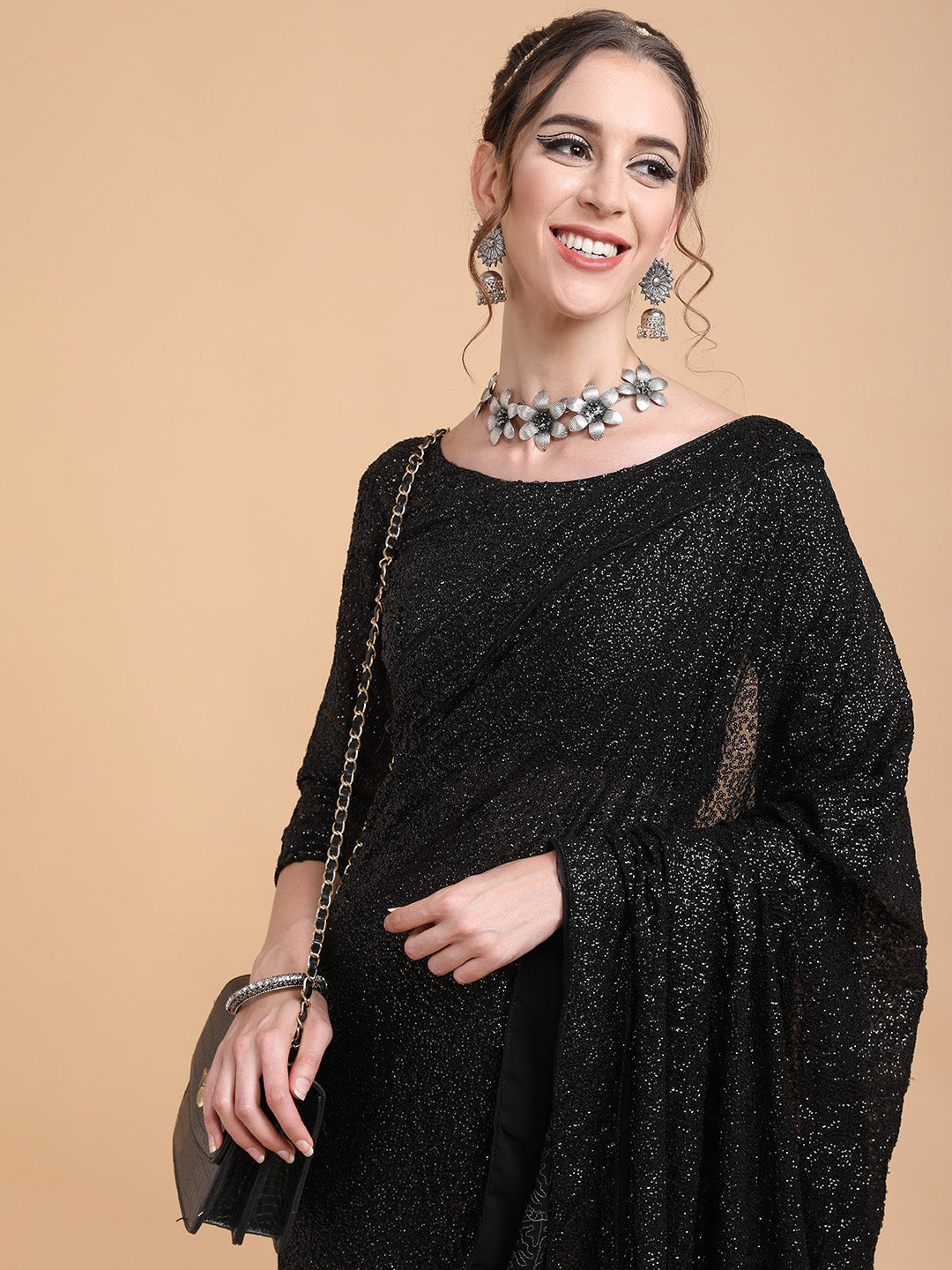 Sangria Women Black Embellished Sequinned Heavy Work Saree | Grocsy