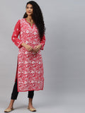 ADA Women Carrot Pink & White Floral Hand Embroidered Chikankari Handloom Kurta & Matching slip | Grocsy
