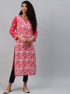 ADA Women Carrot Pink & White Floral Hand Embroidered Chikankari Handloom Kurta & Matching slip | Grocsy