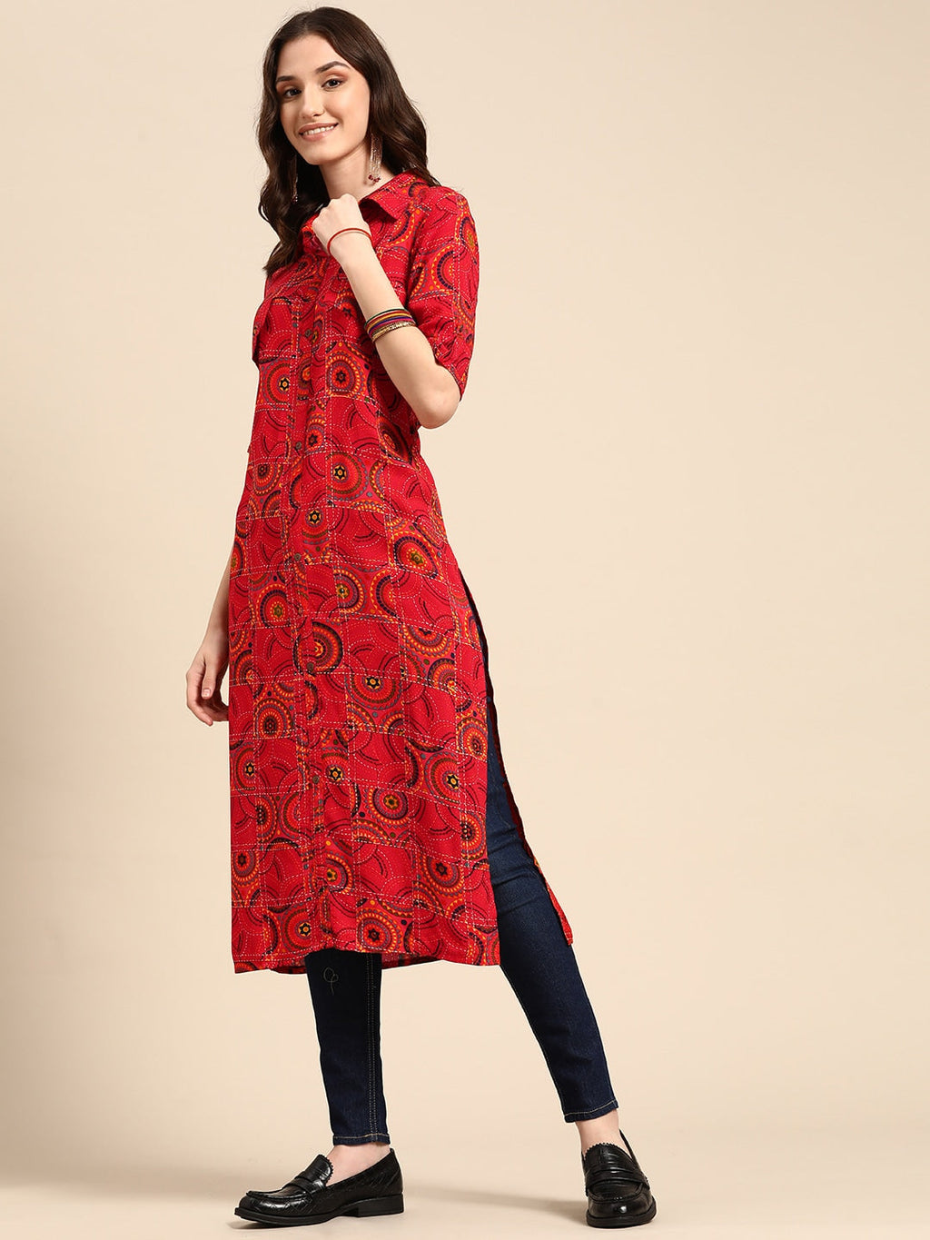 Sangria Women Red Geometric Printed Kurta | Grocsy