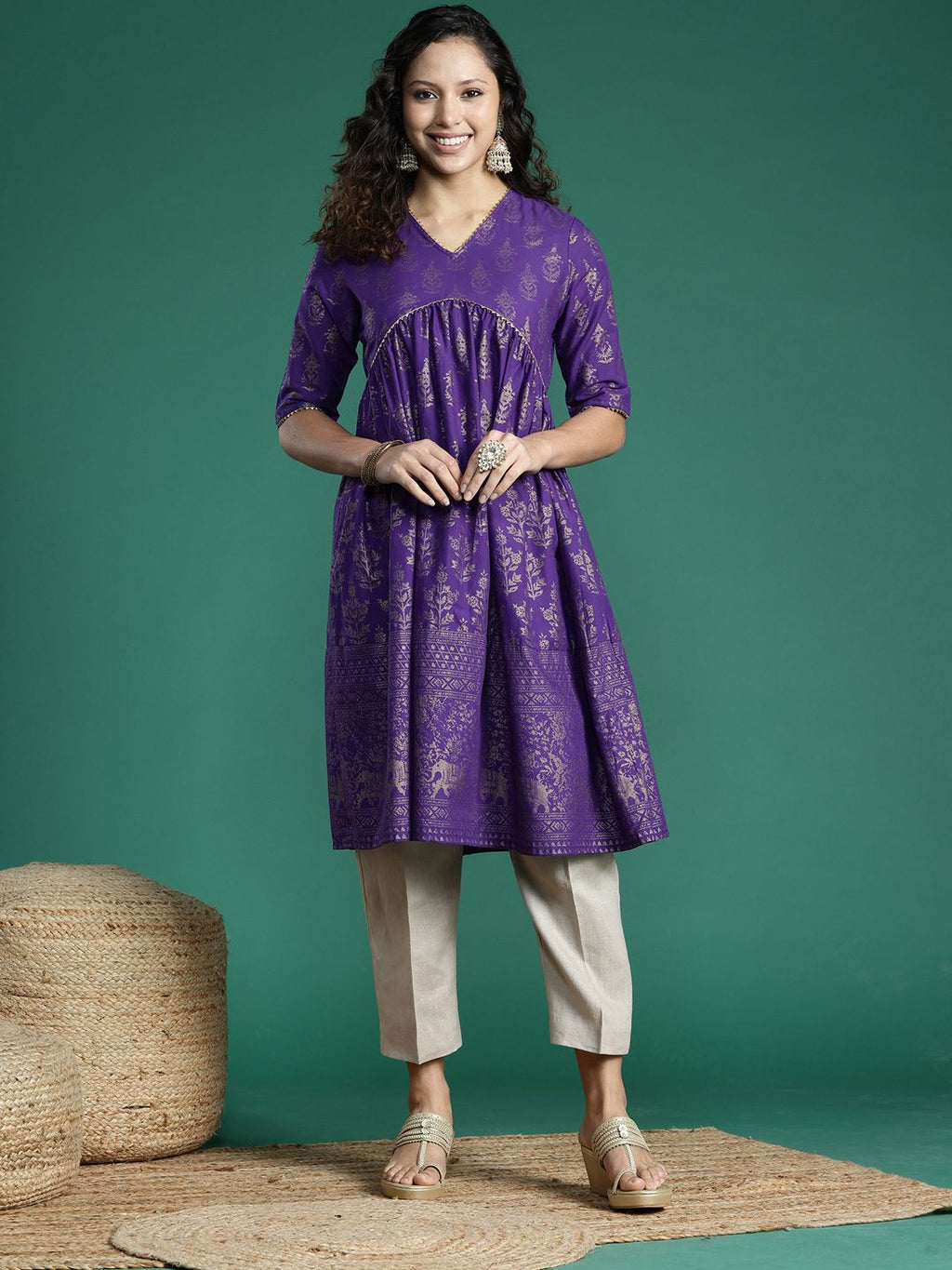 Sangria Ethnic Motifs Print Gotta Patti Pure Cotton Anarkali Kurta | Grocsy