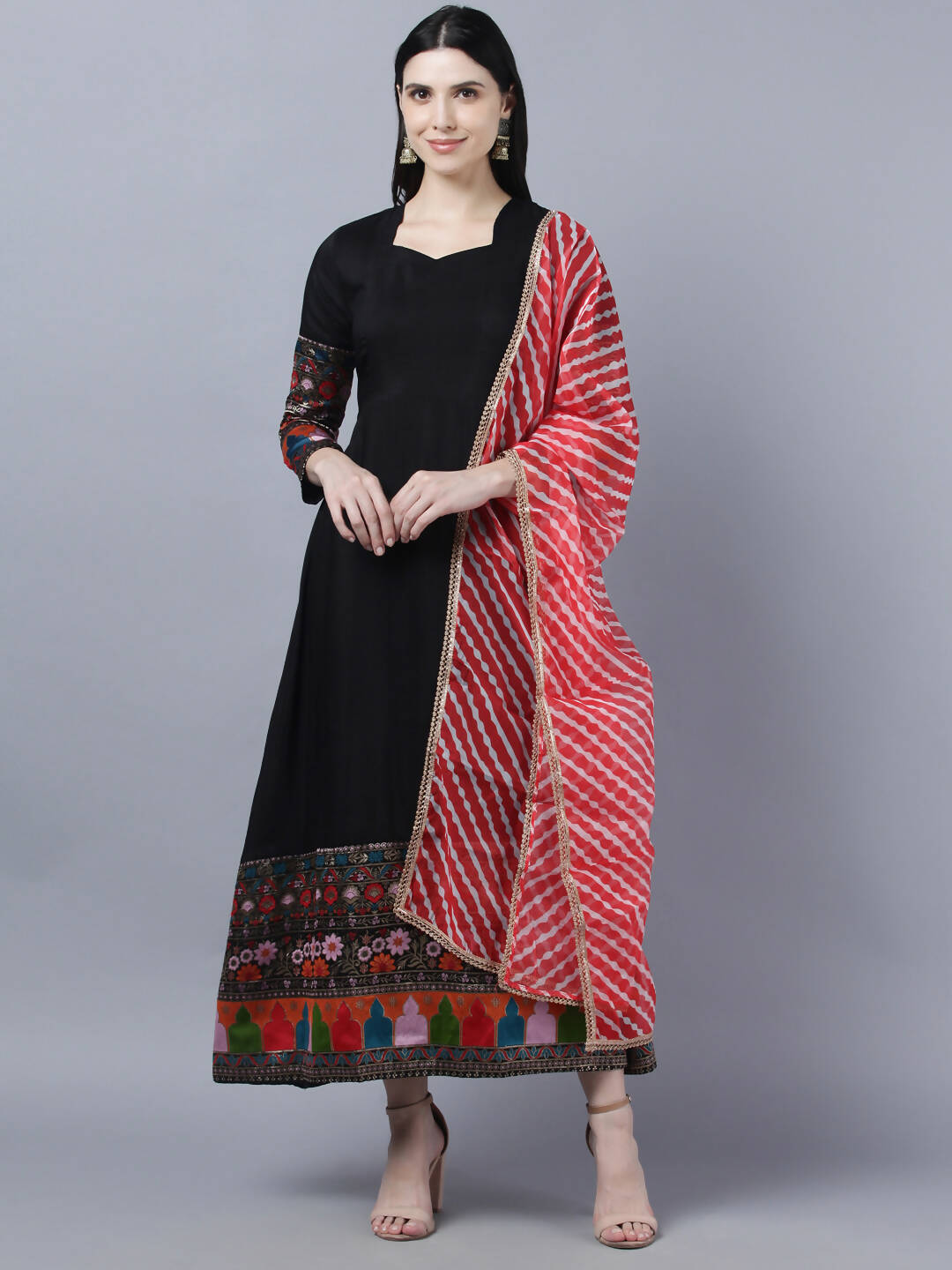 Myshka Women Black Embroidered Detail Anarkali Kurta With Dupatta | Grocsy