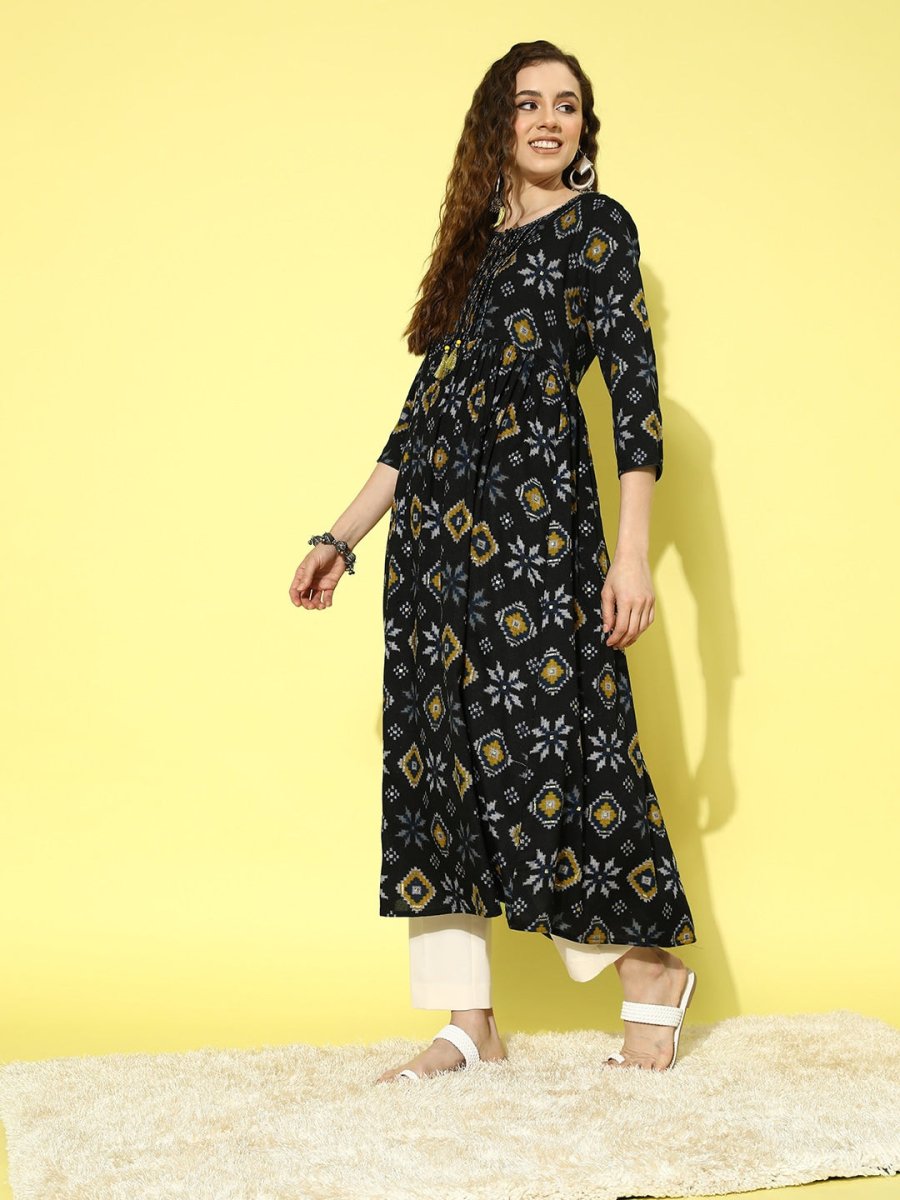 All About You Women Black & Yellow Printed Thread Work Tiering Liva Anarkali Kurta | Grocsy