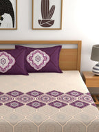 Dreamscape Purple & Cream-Coloured 144 TC Bedsheet with Pillow Covers | Grocsy