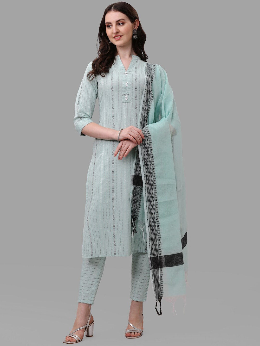 HERE&NOW Turquoise Blue Striped Regular Pure Cotton Kurta With Trousers & Dupatta | Grocsy