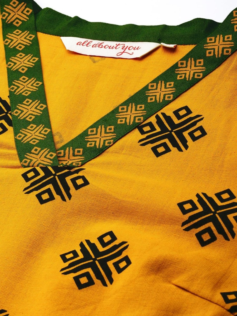 All About You Women Mustard Yellow Ethnic Motifs Printed Kurta with Green Printed Trousers | Grocsy