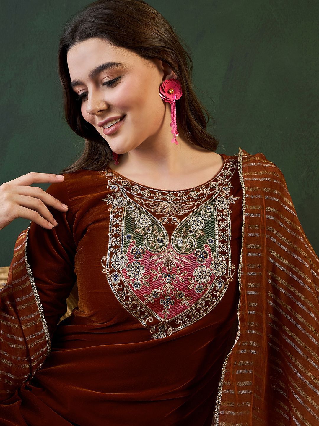 Sangria Embroidered Velvet Kurta & Trousers with Dupatta | Grocsy