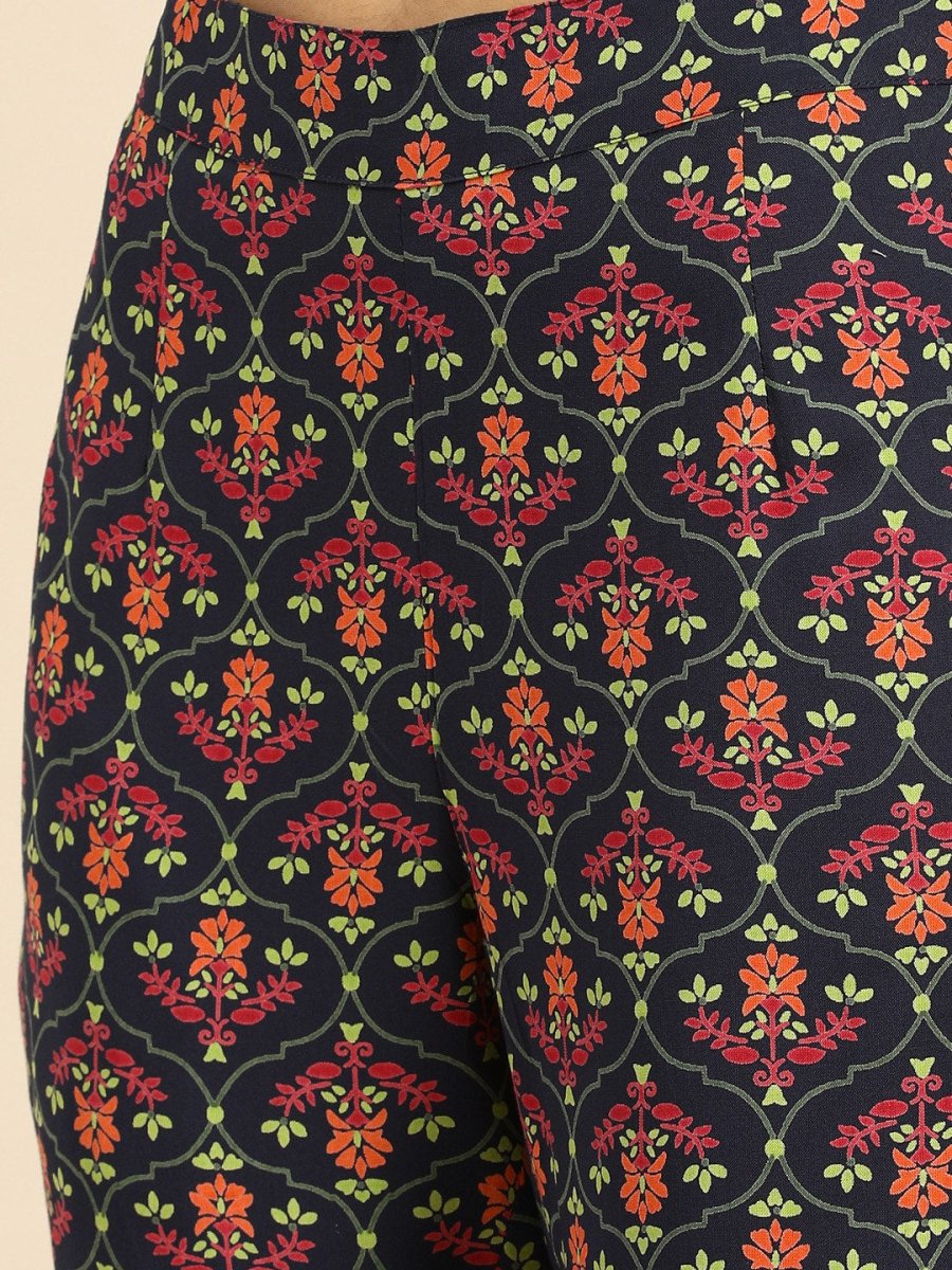 All About You Women Navy Blue Floral Embroidered Regular Thread Work Kurta with Trousers | Grocsy