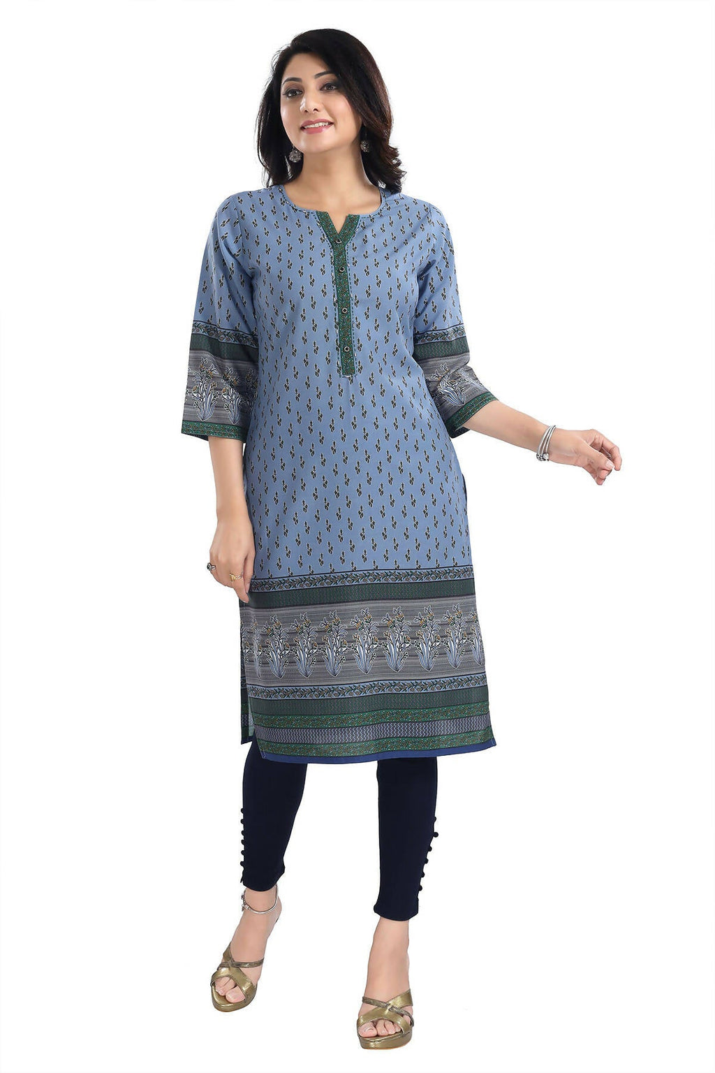 Snehal Creations Aesthetic Blue Digital Print Cotton Slub Long Kurti Tunic | Grocsy