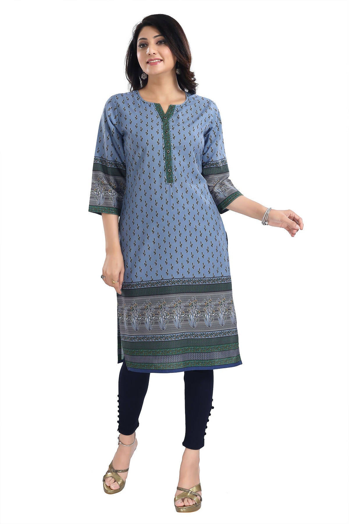 Snehal Creations Aesthetic Blue Digital Print Cotton Slub Long Kurti Tunic | Grocsy