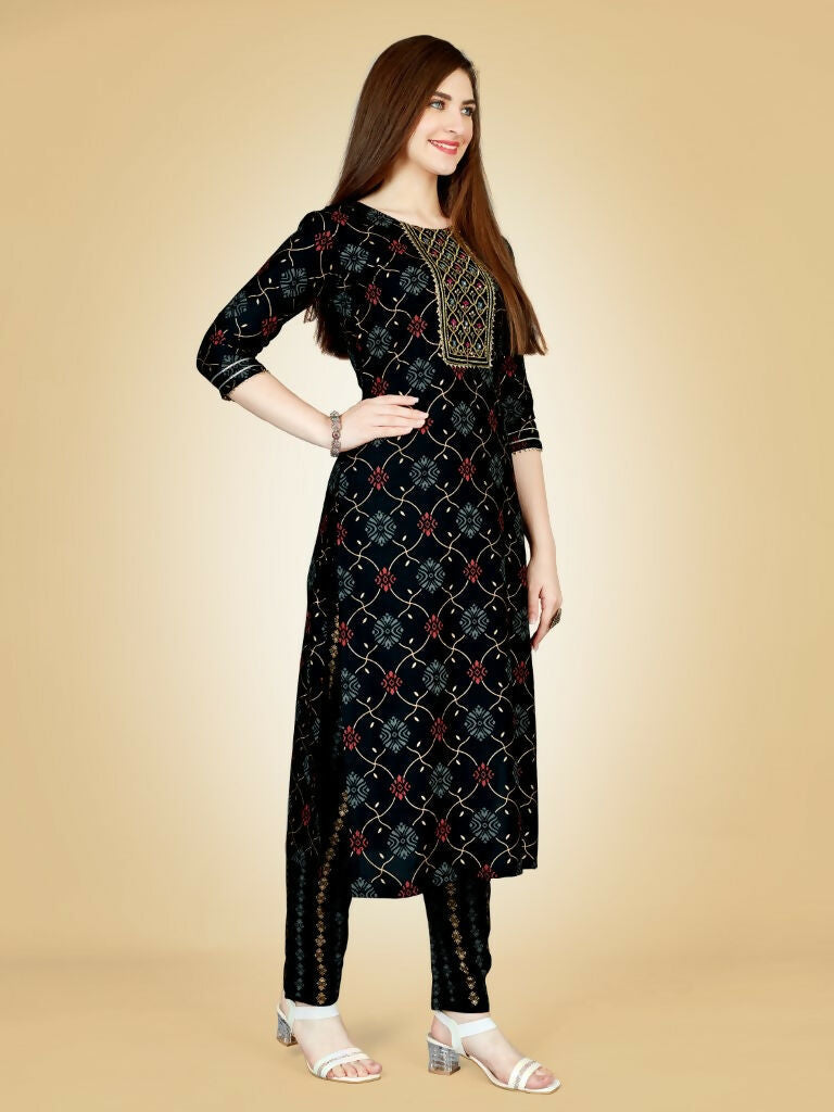 Jyoti Fashion Women's Black Viscose Rayon Embroidered Kurta Pant Set | Grocsy