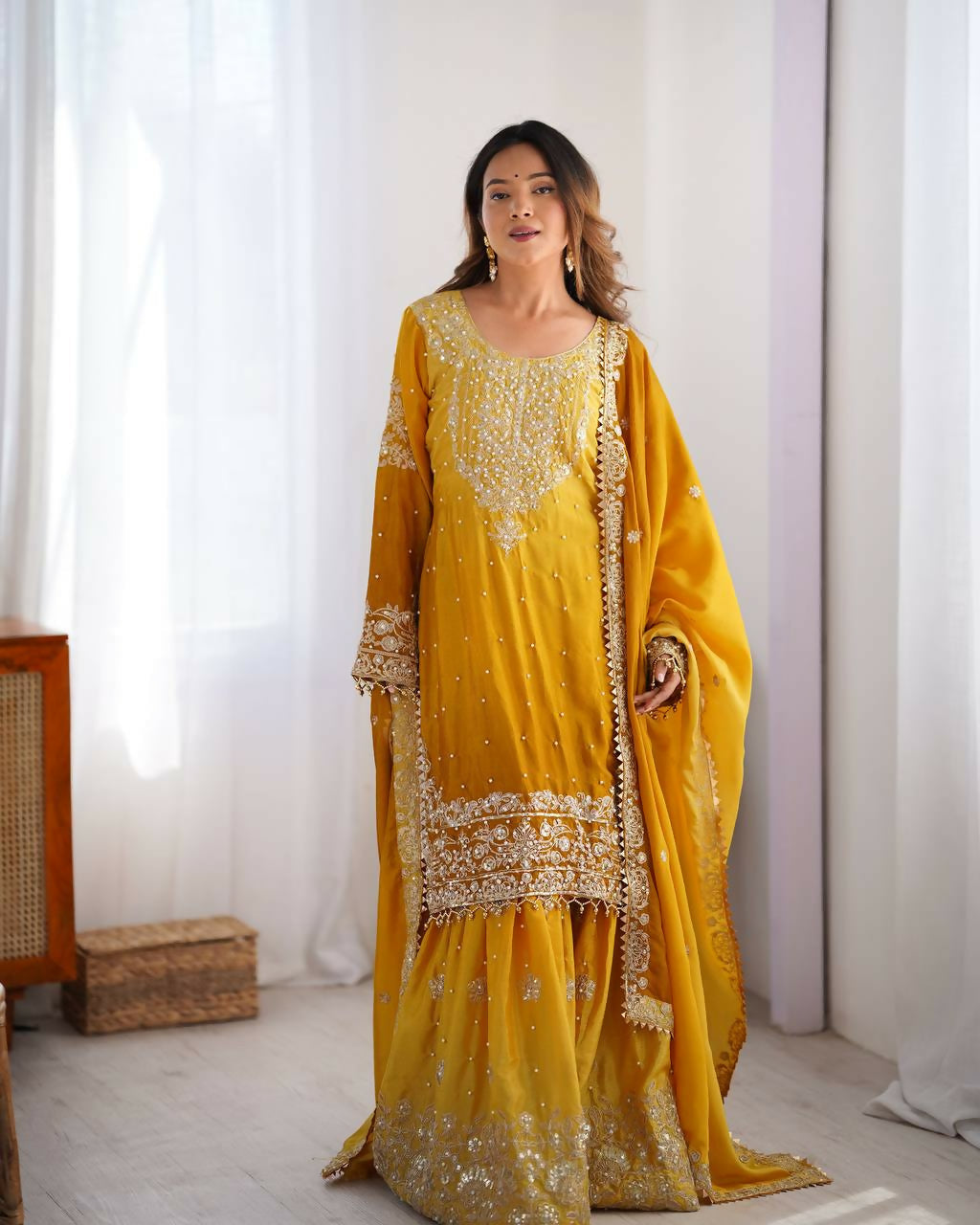 The52 Women's Beautiful Chinon silk Fabric Embroidery Work Straight Kurta Palazzo and Dupatta Set | Grocsy