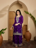 Joban Fashion Embroidery Purple Chinon Silk Kurta Set | Grocsy