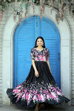 Jyoti Fashion Women's Black Floral Digital Printed Chinon Anarkali Dress | Grocsy