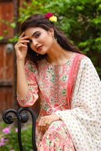Yufta Pink Printed Tiered Kurta with Trouser and Dupatta | Grocsy