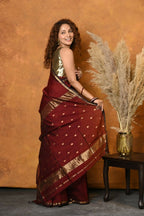 Very Much Indian Handloom Pure Cotton Silk Saree With Sleek Golden Border - Maroon | Grocsy