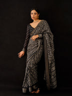 Tikhi Imli Black & Gold Geometric Printed Ready To Wear Saree | Grocsy