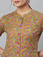 Aks Floral Printed Mandarin Collar Regular Pure Cotton Kurta With Trousers | Grocsy