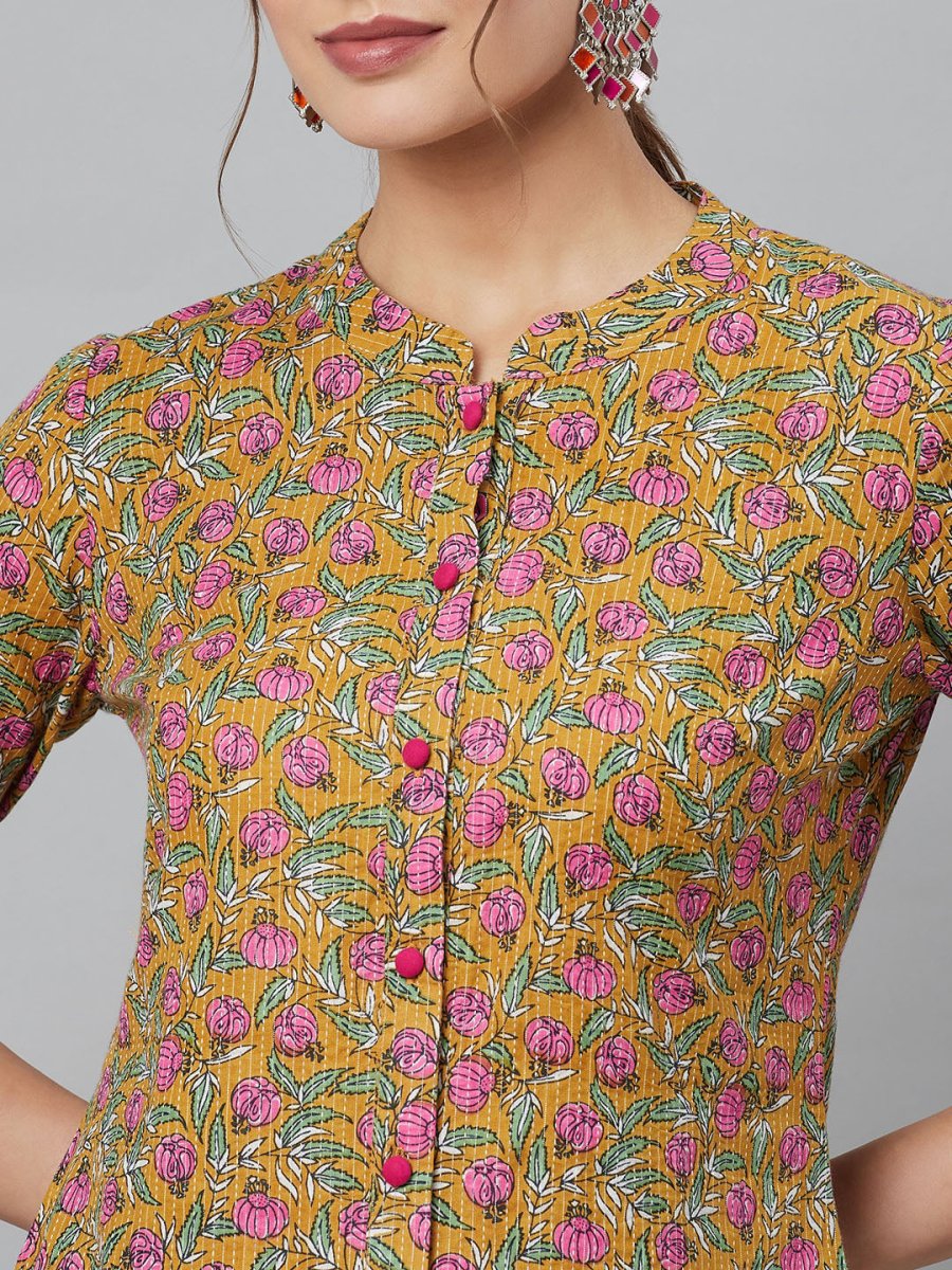 Aks Floral Printed Mandarin Collar Regular Pure Cotton Kurta With Trousers | Grocsy