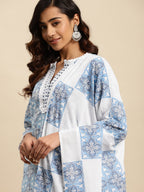 Sangria Blue Ethnic Motif Printed Pure-Cotton Straight Kurta With Trouser & Dupatta | Grocsy