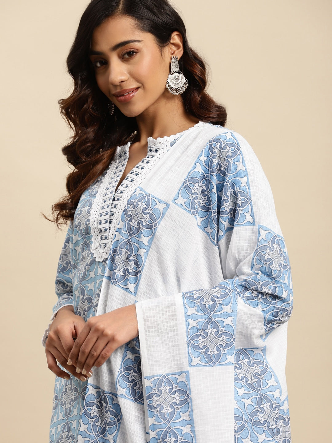 Sangria Blue Ethnic Motif Printed Pure-Cotton Straight Kurta With Trouser & Dupatta | Grocsy