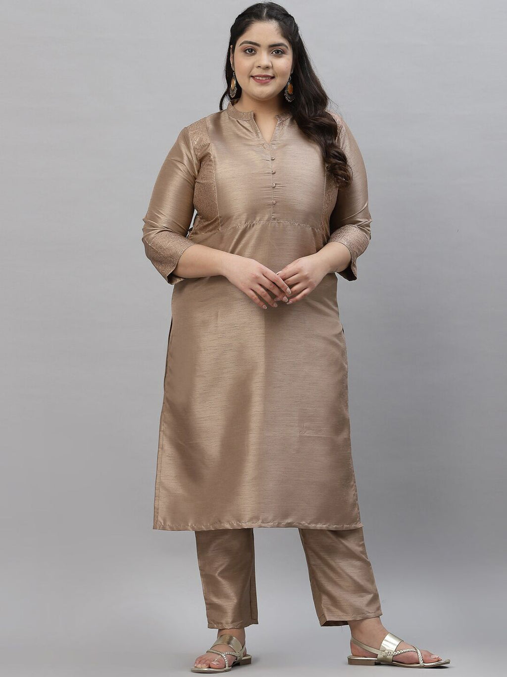 Sztori Plus Size Mandarin Collar Straight Kurta with Trousers | Grocsy
