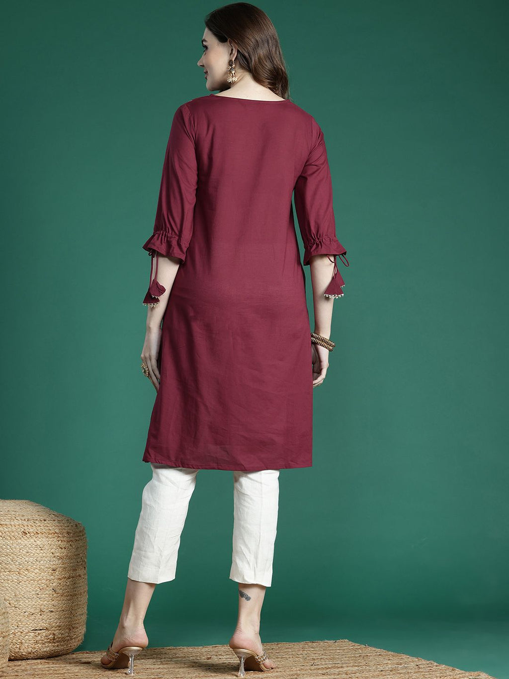 Sangria Ethnic Motifs Printed Gotta Patti Pure Cotton Kurta | Grocsy