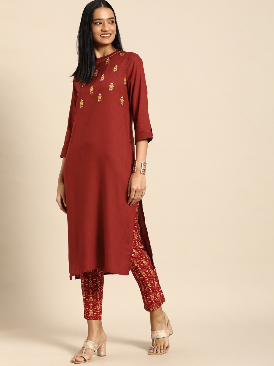 All About You Women Red Floral Embroidered Regular Thread Work Kurta with Trousers | Grocsy
