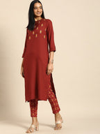 All About You Women Red Floral Embroidered Regular Thread Work Kurta with Trousers | Grocsy