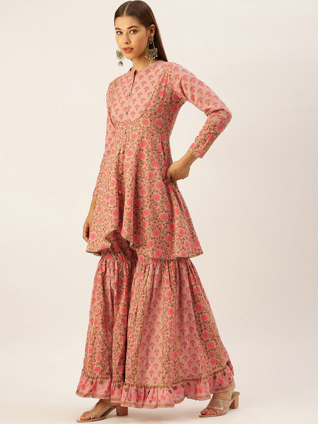 HERE&NOW Women Pink & Coffee Brown Printed Cotton Kurti with Sharara & With Dupatta | Grocsy