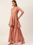 HERE&NOW Women Pink & Coffee Brown Printed Cotton Kurti with Sharara & With Dupatta | Grocsy
