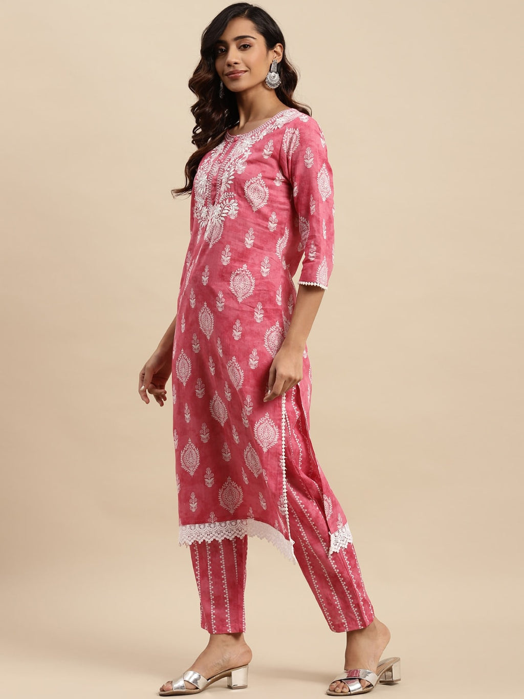 Sangria Ethnic Motifs Printed Thread Work Pure-Cotton A-Line Kurta With Trouser & Dupatta | Grocsy