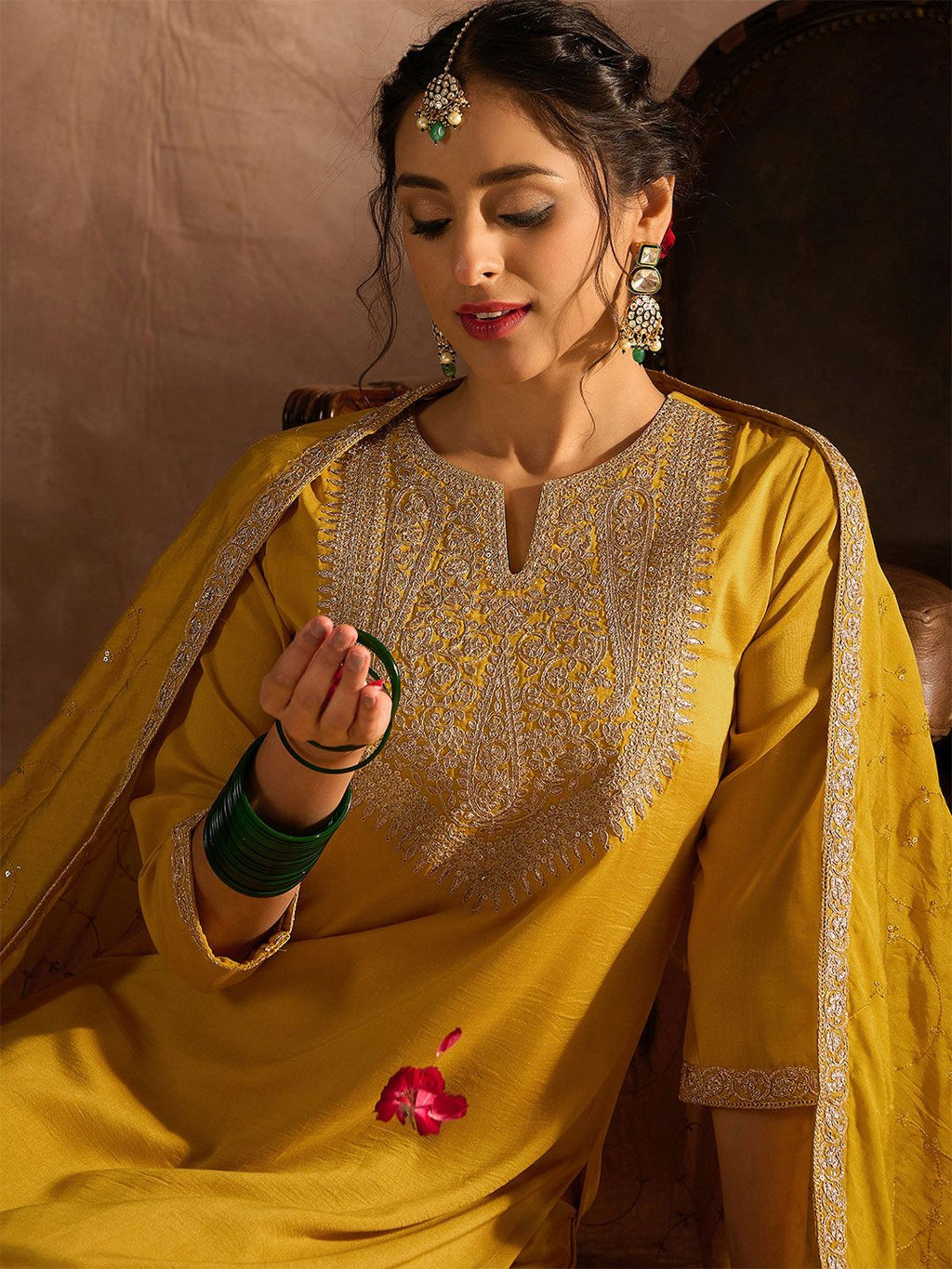 Indo Era Yellow Paisley Embroidered Regular Straight Kurta With Trousers & Dupatta | Grocsy