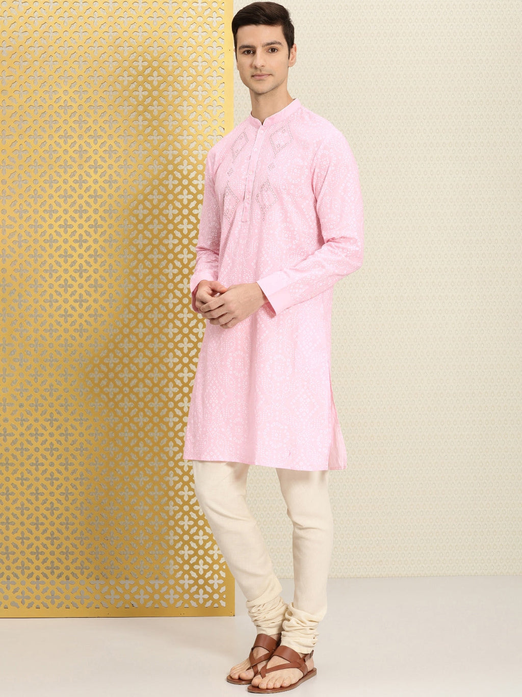 House of Pataudi Men Pink & White Bandhani Printed Pure Cotton Jashn Kurta | Grocsy