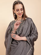 Sangria Grey Beads & Stones Satin Saree | Grocsy