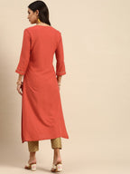 All About You Women Rust Orange Floral Yoke Design Embroidered Thread Work Straight Kurta | Grocsy