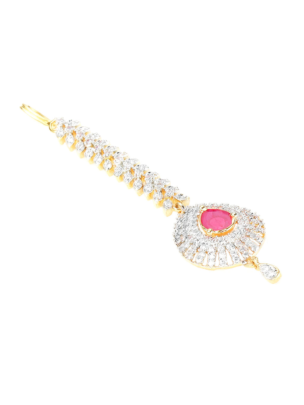 Yellow Chimes Women Gold-Polished American Diamond Pink & White Studded Handcrafted Maang Tikka | Grocsy