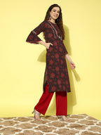 All About You Navy Blue Floral Printed Bell Sleeves Gotta Patti Pure Cotton Kurta | Grocsy