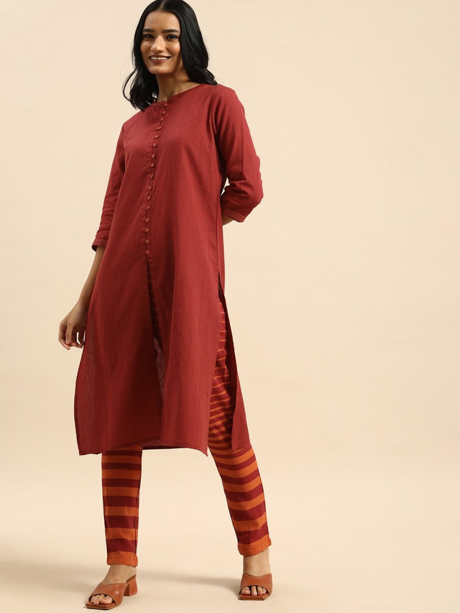 All About You Women Red & Orange Pure Cotton Kurta with Trousers | Grocsy