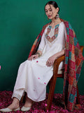 Sangria Floral Yoke Embroidered Straight Kurta & Trousers With Dupatta | Grocsy
