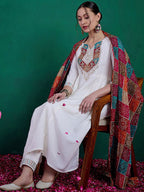 Sangria Floral Yoke Embroidered Straight Kurta & Trousers With Dupatta | Grocsy