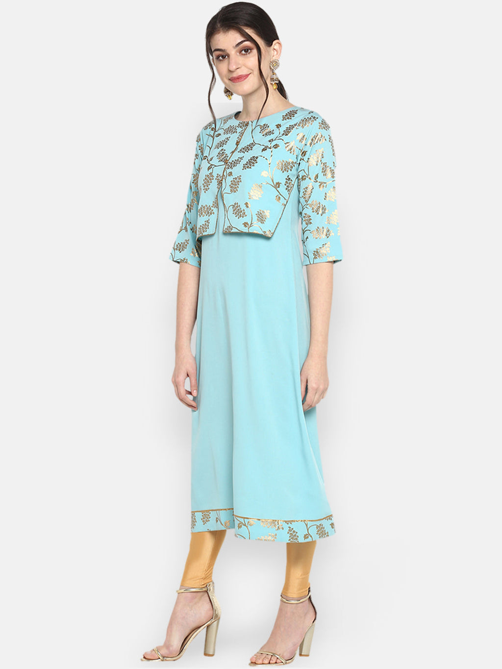 Janasya Women Turquoise Blue & Gold-Toned Printed A-Line Kurta | Grocsy