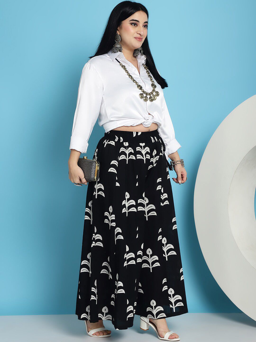 TAG 7 Floral Block Printed Flared Pure Cotton Ethnic Palazzos | Grocsy