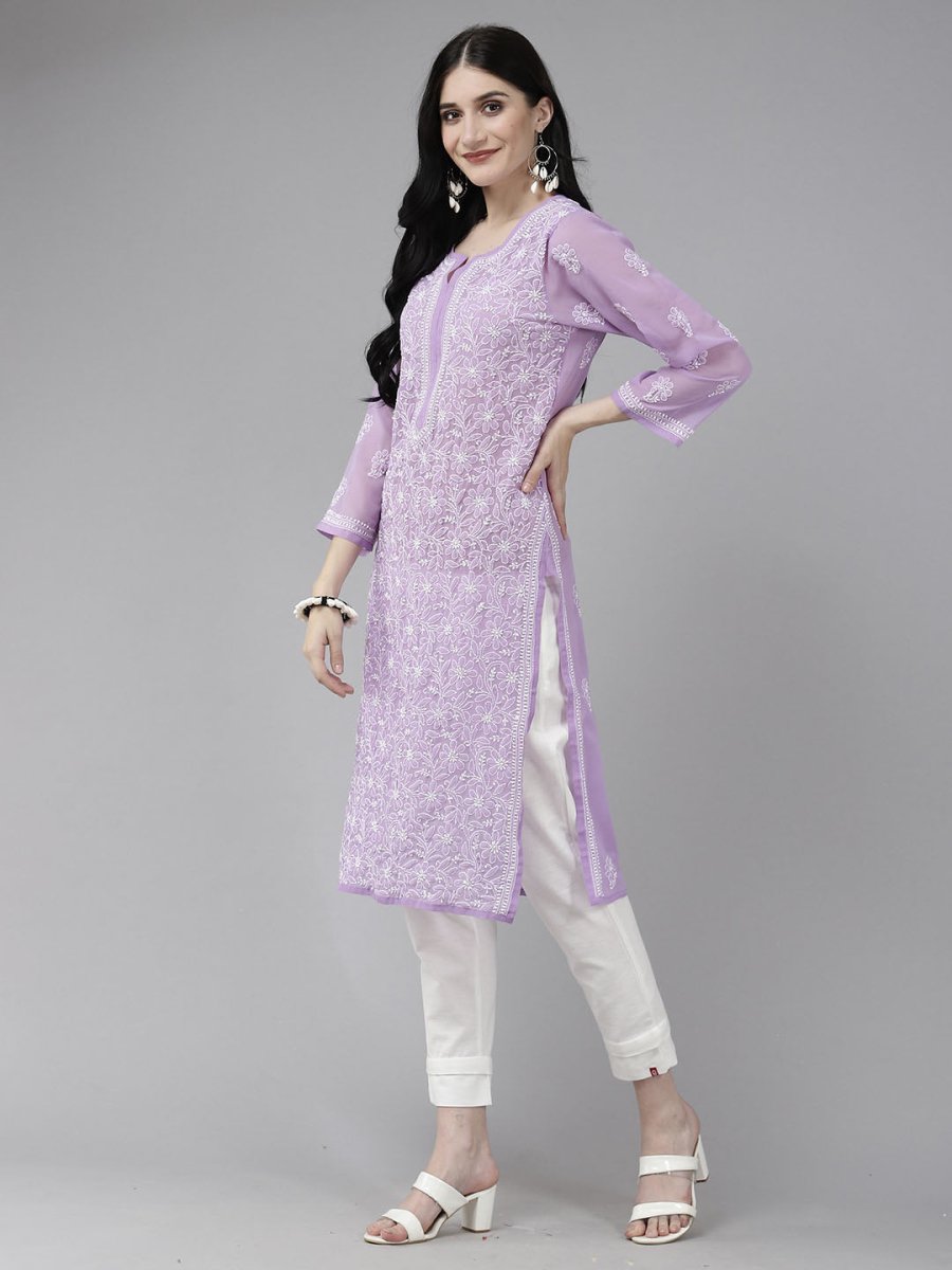 ADA Women Purple & White Ethnic Motifs Embroidered Chikankari Georgette Kurta | Grocsy