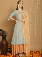 Jyoti Fashion Women's Turquoise Chanderi Silk Elegant Jardoshi Kurta with Trouser & Dupatta | Grocsy