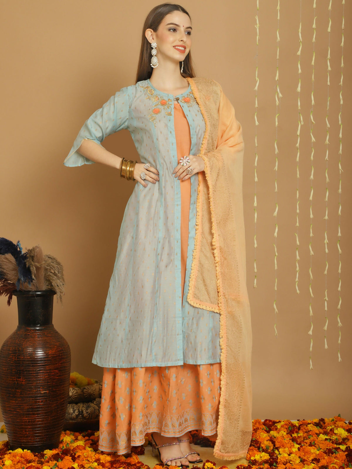 Jyoti Fashion Women's Turquoise Chanderi Silk Elegant Jardoshi Kurta with Trouser & Dupatta | Grocsy